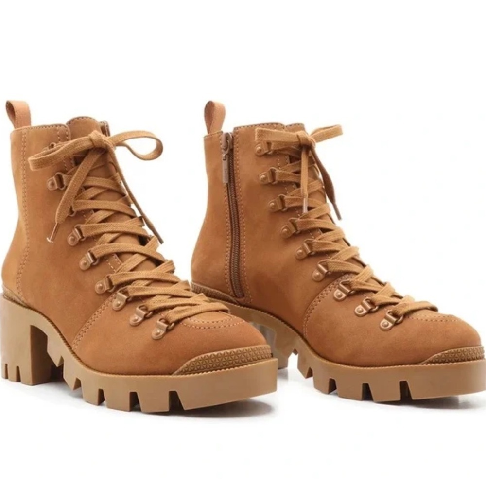 SCHUTZ Xayane Lace Up Tan Heeled Ankle Boots Booties